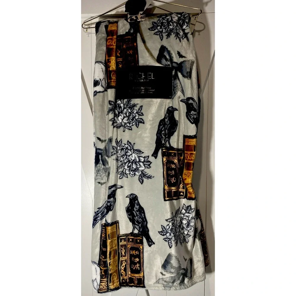 Rachel Roy Halloween Gothic Toile Plush Throw Blanket 60 x 70 Ravens Skull Books